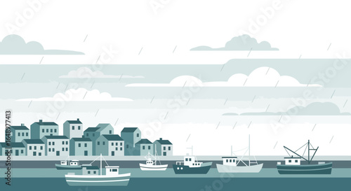 Fishing Village Landscape With Boats Under A Rain Clouded Sky Minimalistic Scene