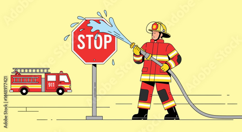 Firefighter In Action Puts Out The Fire With Water Hose Near Stop Sign