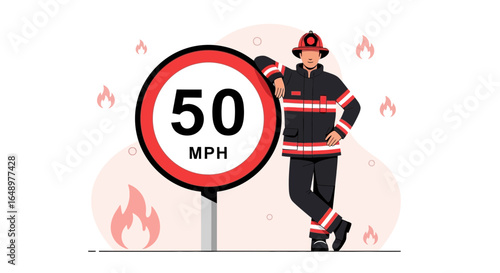 Firefighter Leaning On 50 Mph Speed Sign Ready For Emergency Response