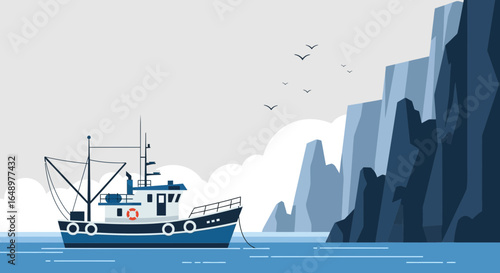 Fishing Vessel Sailing By Coastal Cliffs In Calm Blue Sea Illustration