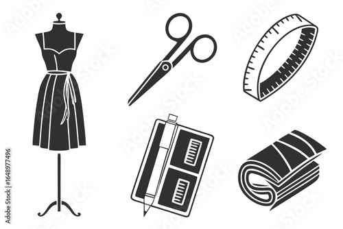 Set of sewing and tailoring icons including a dress form scissors tape measure and fabric