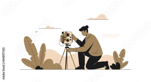 Flat design illustration featuring a photographer adjusting a vintage camera on a tripod amidst nature