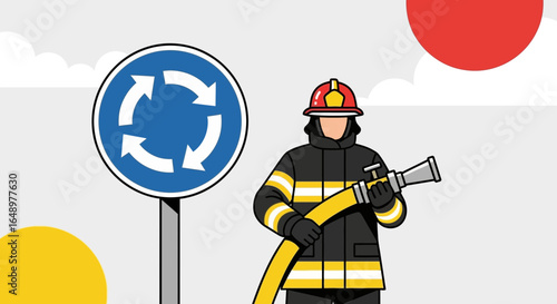 Firefighter With Hose And Roundabout Sign On A Creative Background