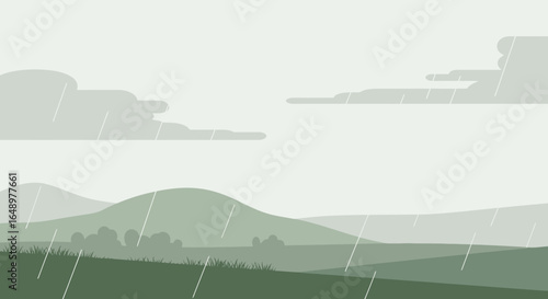 Flat design illustration of rainy landscape with hills, clouds and grass minimalistic and suitable for various design and creative projects