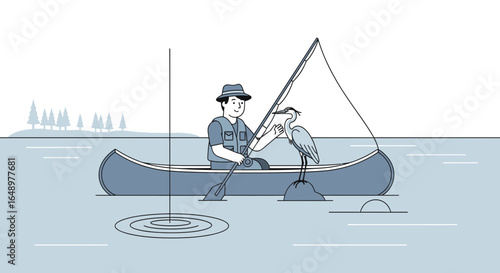 Fisherman And Heron Enjoy A Quiet Day On The Lake Together Minimal Illustration