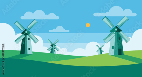 Flat Design Rural Scene With Windmills On Green Hills Under Blue Sky
