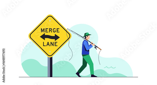 Fisherman Approaching The Intersection With A Merge Lane Road Sign Illustration