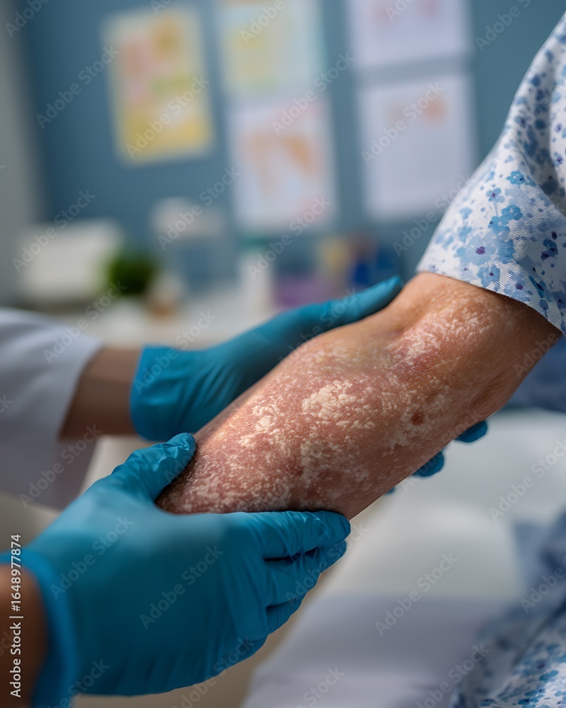 Fototapeta premium A Patient’S Elbow With Visible Psoriasis Plaques, Showing White Scaly Patches And Mild Redness. The Patient Is Wearing A Hospital Gown, And A Dermatologist’S G