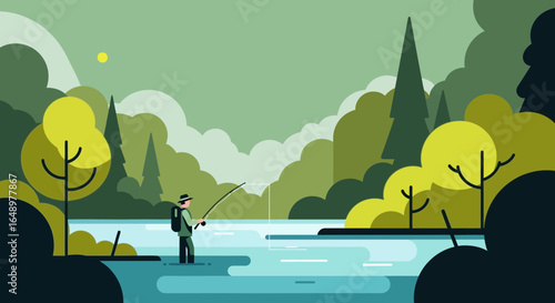 Fisherman Casting In Peaceful River Landscape Flat Vector Illustration