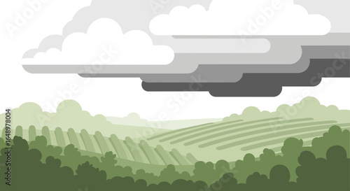 Flat Vector Landscape With Green Fields And Overcast Sky Background