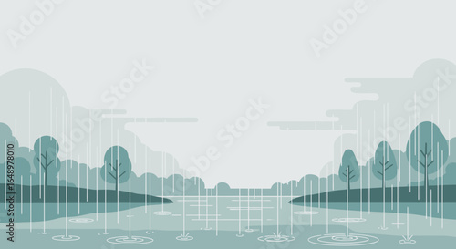 Flat Vector Scenic Landscape With Trees And Rain In Forest Or Park Minimalist