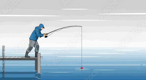 Fisherman Casting Line On Peaceful Lake For Relaxation With Dock View