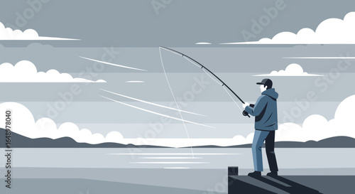 Fisherman Casting Line Silhouette By Lake During Peaceful Day Flat Illustration