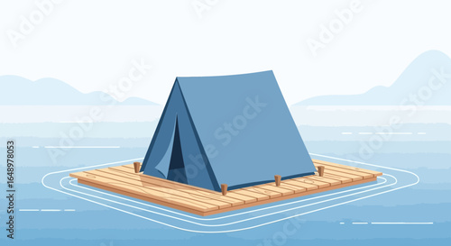 Floating Tent On Wooden Raft Tranquil Water Scene Adventure Camping
