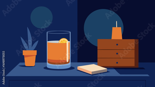 Glass of cocktail with orange slice on nightstand with book, plant and drawer in cozy evening setting