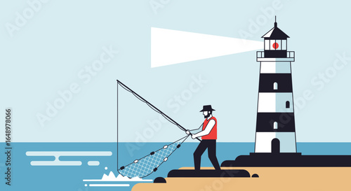 Fisherman Casting Net by Lighthouse: A Vintage Maritime Scene with Modern Flat Vector Design Creating a Nostalgic Coastal Ambiance