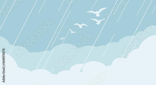 Flock Of Birds Flying Through Soft Rainfall Over The Cloud Scenery