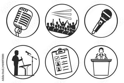 Collection of icons representing public speaking and events