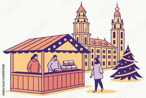 Cozy winter market in Vienna with warm lights and mulled wine stalls, modern flat illustration style