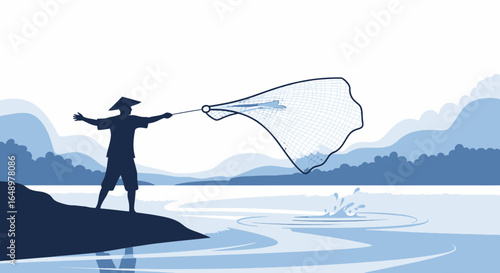 Fisherman casting net in a serene lake landscape with mountains providing a scenic background