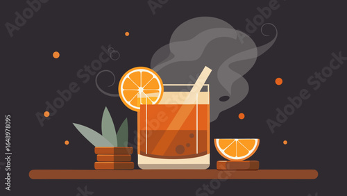 Smoked old fashioned cocktail with orange slices and cinnamon on wooden table in minimalist retro bar style