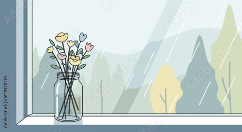Floral Arrangement On Window Sill During A Rainy Day Drawing Graphic
