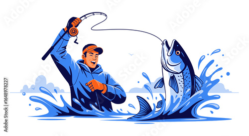 Fisherman Catching A Large Fish With A Rod In Splashing Water Illustration