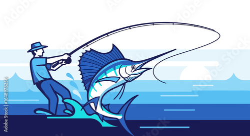 Fisherman Catching A Marlin Fish Silhouette Isolated Flat Vector Illustration
