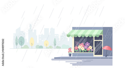 Floral Bliss Amidst The Rain A Colorful Shopfront Offering Refuge On A Damp Day