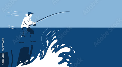Fisherman Catching Fish In Ocean Illustration For Sport Adventure Concept