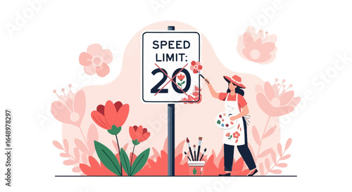 Floral Creativity Overflows Woman Painting Over The Limits Sign With Flowers