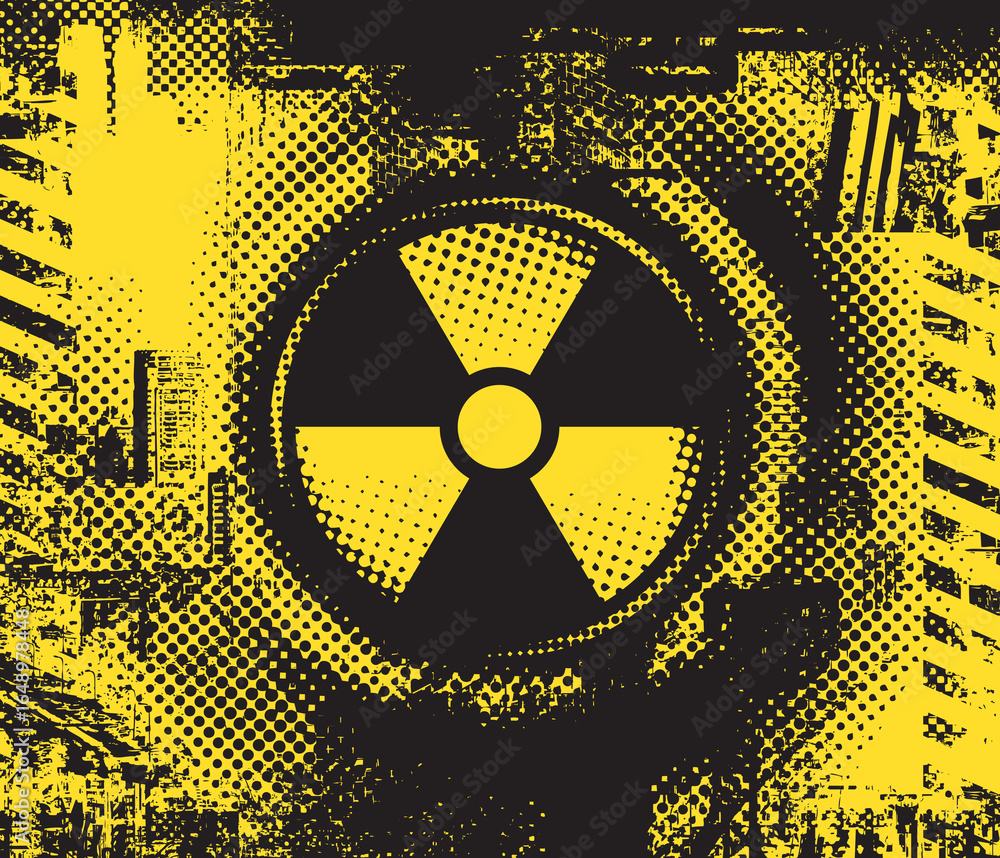 Fototapeta premium Vector banner on the theme of urbanism, street art, digital technologies. Reminds of a cross or a photo lens on the background of fragments of the urban landscape, pixels. Design of a T-shirt. No ai