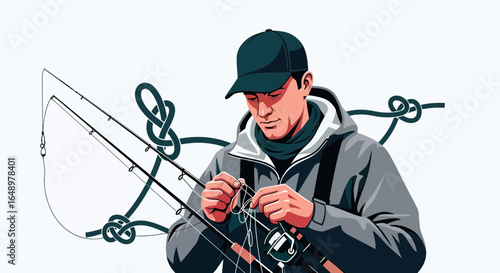 Fisherman Concentrating on Tying a Knot On His Fishing Line Vector Illustration