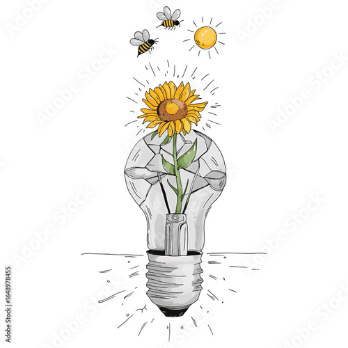 A sunflower and bees bring hope above a shattered world, a climate change concept vector illustration design