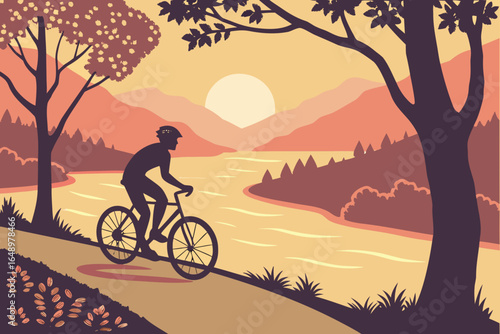 Cyclist pedaling along riverside path at sunset, active lifestyle promotion