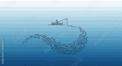 Fisherman Directing A School Of Fish In The Sea Line Art Minimalist