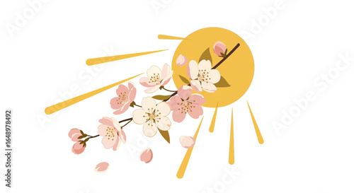 Floral Springtime: Elegant Sakura Blossoms Against a Golden Solar Disk