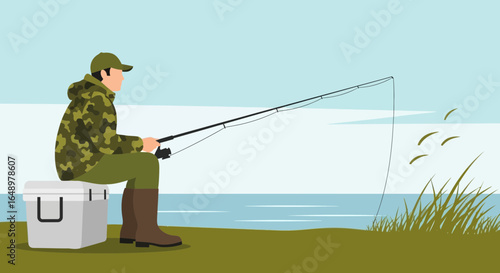 Fisherman Enjoying Peaceful Day On River With Fishing Rod And Cooler