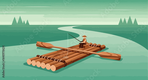 Fisherman Enjoying Nature On A Handmade Raft Floating Down A River