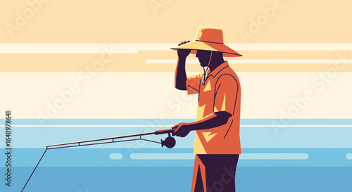 Fisherman Enjoying Peaceful Landscape Scene And Holding A Fishing Rod Under Sunny Sky