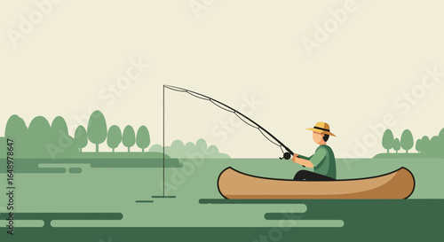 Fisherman Enjoying Peaceful Lake Scene From a Canoe in the Countryside