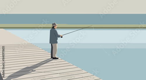 Fisherman Enjoying Peaceful Solitude At The End Of A Wooden Pier