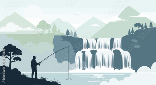 Fisherman Enjoying Relaxing Outdoor Activity At Beautiful Landscape With Waterfall