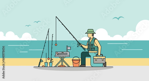 Fisherman Enjoying Relaxing Day By The Seaside, Fishing Rod And Catching Fish