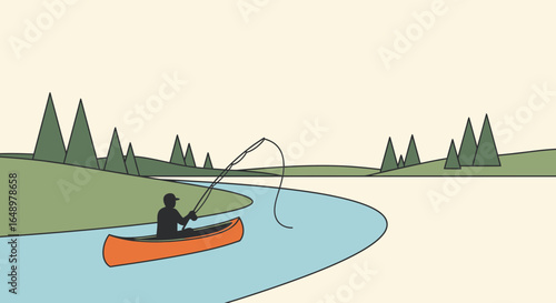 Fisherman Enjoying Peaceful Nature Scene While Fishing From a Canoe