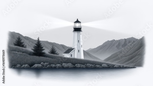 Serene lighthouse illuminating the tranquil waters and mountains in monochrome.