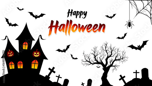 Black haunted house with pumpkins bats and graveyard