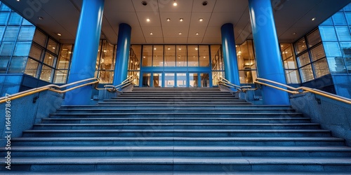 Wide shot of a grand staircase leading to a modern building's entrance.  Blue pillars flank the steps, which ascend towards a glass-fronted doorway.  Gold handrails add a touch of contrast