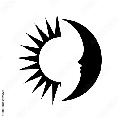 Black silhouette of sun and moon face representing Autumn equinox day  