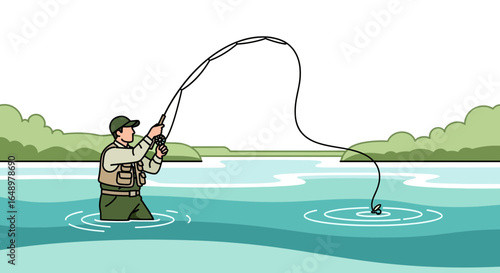 Fly Fisherman Casting Line In River Surrounded By Nature On Sunny Day